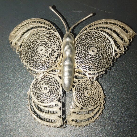Mexican 925 Silver Fine Filigree Butterfly Vintage Brooch Pin - Picture 8 of 14